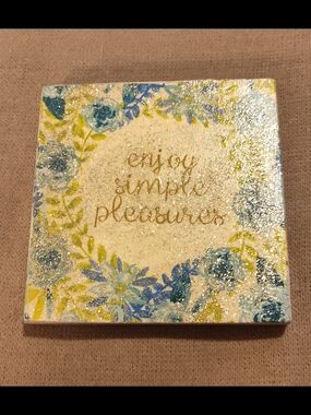 MWOT! Glitter Floral Tile Art - "Enjoy Simple Pleasures" - Many Uses